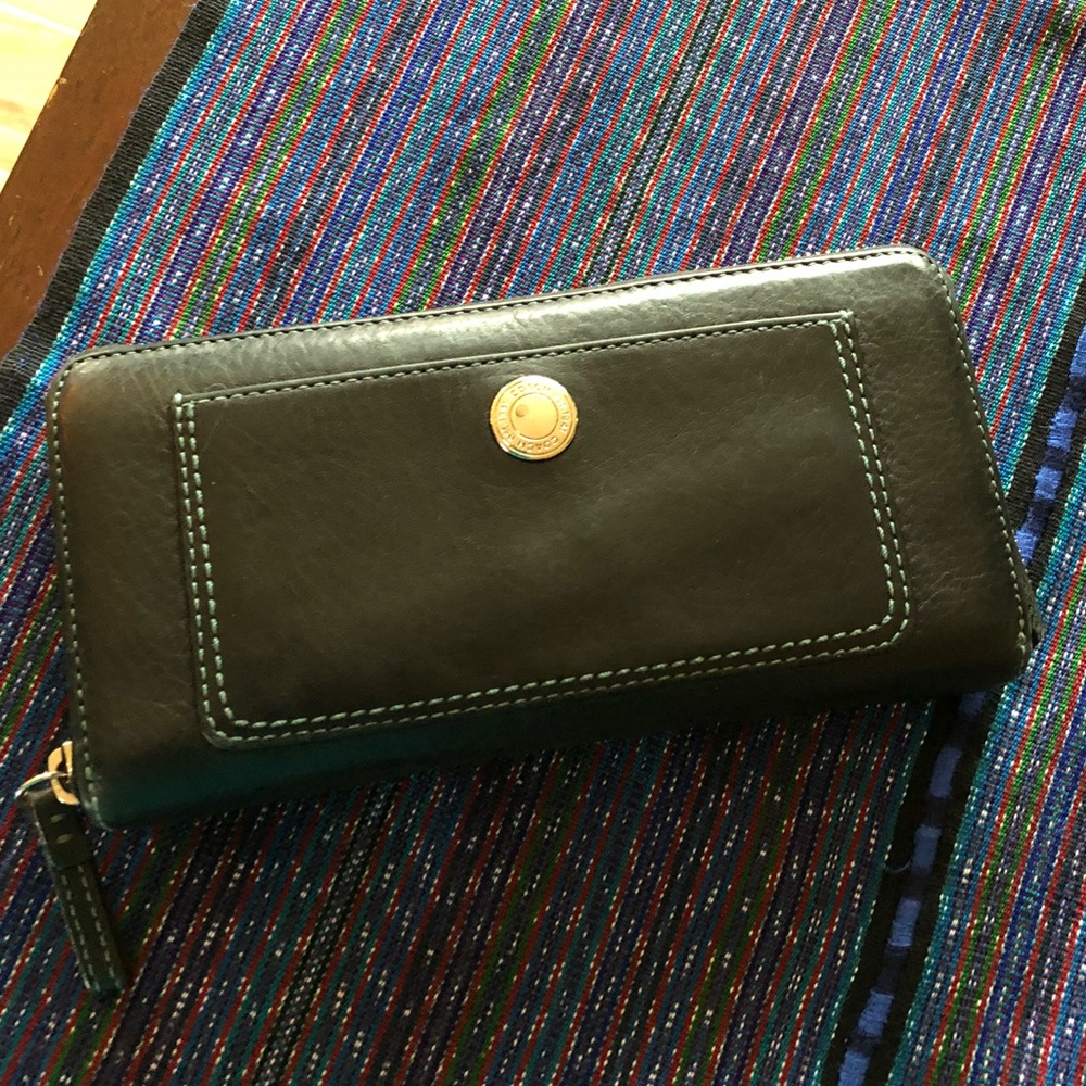 Leather coach wallet with light blue stitching